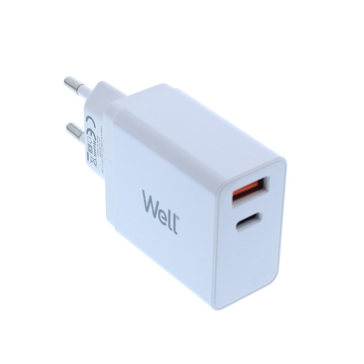 Well hálózati töltő, 1x USB-A QC3.0, 1x USB-C PD 45W, PPS, fehér, táska