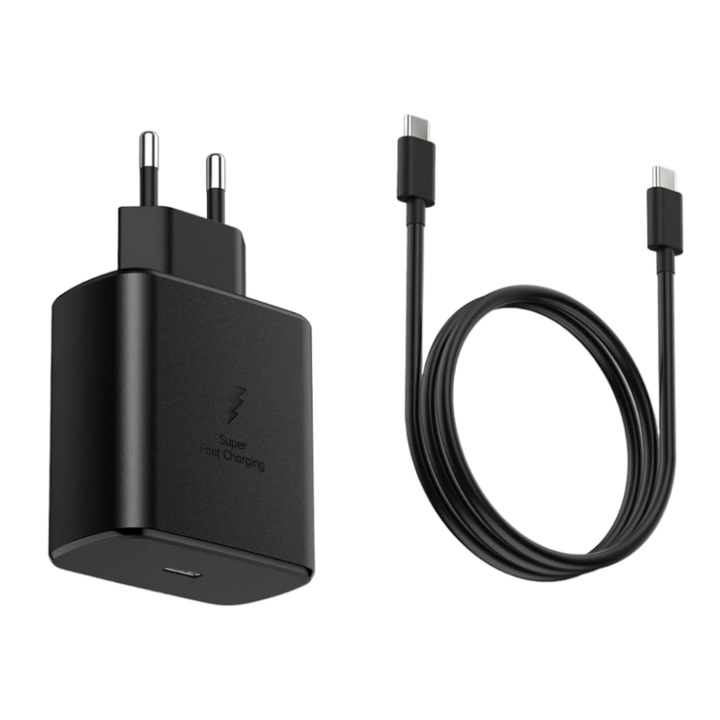 Incarcator telefon Fast Charge 45 W cu cablu de incarcare 1 m, compatibil Samsung, Huawei, Oppo, IPad, tableta, negru