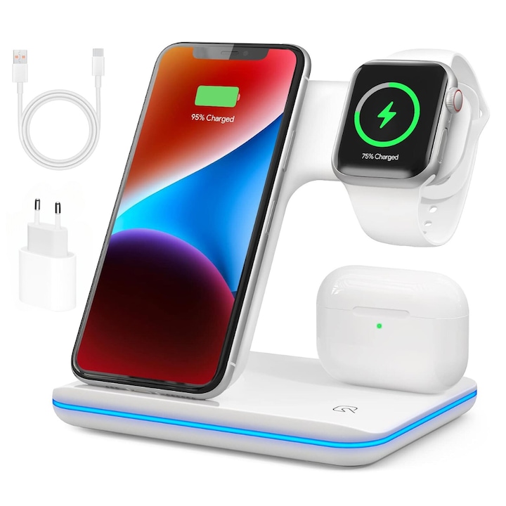 BIRAI® 3 az 1-ben professzionális vezeték nélküli töltő, többfunkciós gyorstöltő, 15 W-os töltés telefonhoz, fejhallgató, okosóra, USB Type C kábel, fehér