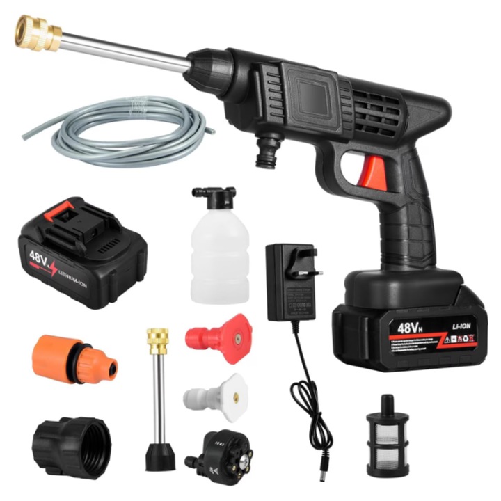 Aparat de spalat cu presiune, SDEPOT®, cu 2 acumulatori, pistol cu 3 moduri, recipient spuma, filtru si duze incluse