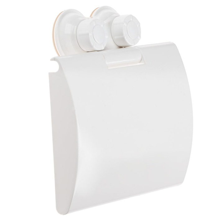 Suport hartie igienica din plastic alb cu capac Shopiens®, fixare cu ventuza, 15.2 x 16 cm