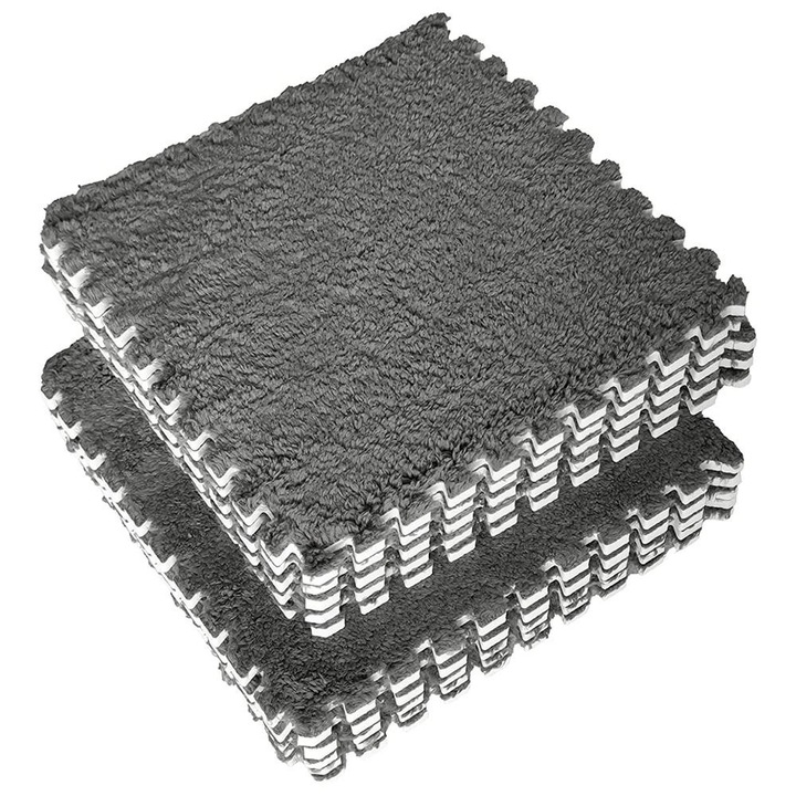 Комплект от 10 килима пъзел, Flippy, EVA пяна, пухкав, 30 x 30 x 1 cm, сив