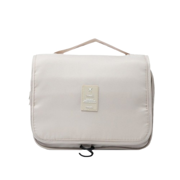 Geanta de toaleta de calatorie, unisex, impermeabila, cu carlig, bej, 24x20x10cm
