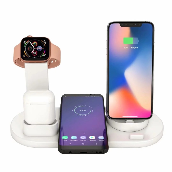 Incarcator Wireless 6 In 1, tovive®, Incarcare Rapida 15W, MagSafe, Compatibil cu Smartwatch, Apple Watch, Casti, Airpods, Smartphone, Toate Modele Iphone, Android, Samsung, Huawei, Xiaomi, Multifunctional, Adaptor Universal, Alb