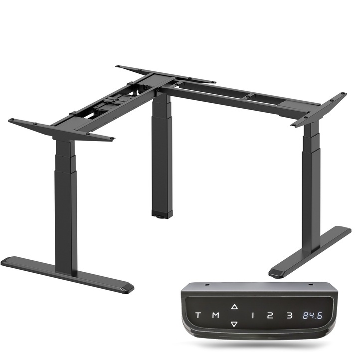 StableDesk Pro L-Pro 90 рамка за бюро с регулируема височина, 3 мотора, 150 кг повдигане, височина 62-128 см, сензорен екран, ергономичен, 3 функции с памет, система против сблъсък, таймер - мат черен