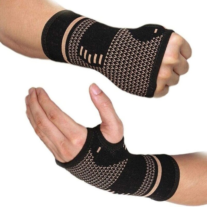 Manusi Compresive cu Fir de Cupru pentru Alinarea Durerilor de Incheietura, UNISEX, Negru/Auriu, Marime M