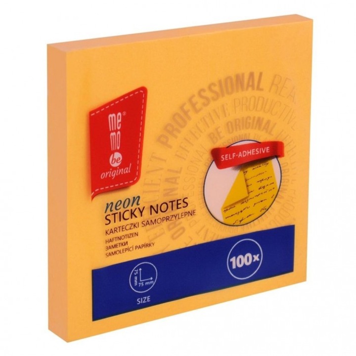 Самозалепващи листчета MemoBe, неоново оранжеви, 75x75 мм, комплект 100 бр