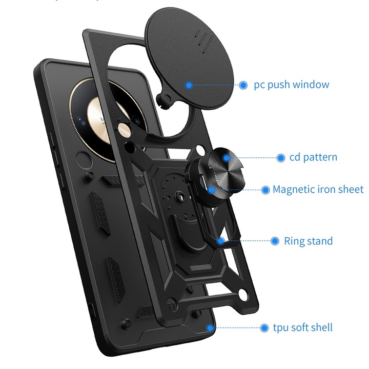 Кейс за Huawei Nova 12i Ring Armor Kickstand Tough Rugged Cover със защита на камерата - черен