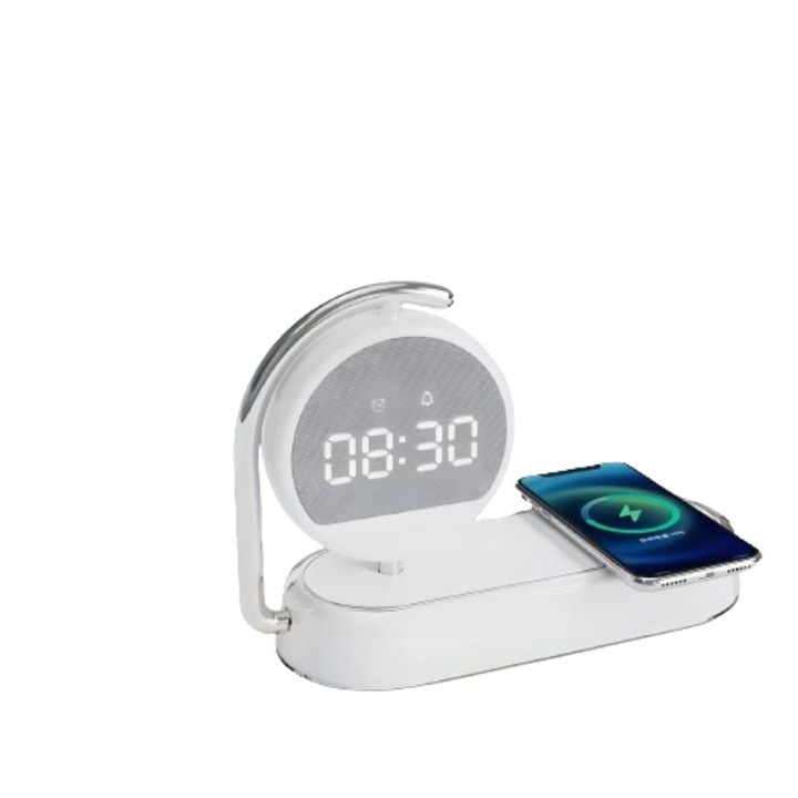 Ceas digital cu alarma Mepi Tech® WC-19, Functie de incarcare rapida wireless pentru telefon, Compatibilitate universala, Lumina de Veghe reglabila, Design elegant si compact, Alb