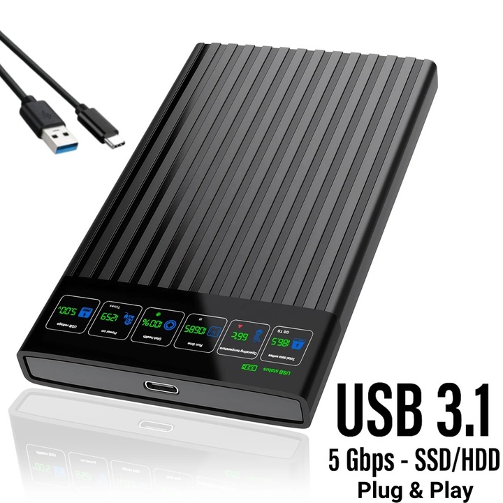 Carcasa Rack Extern cu Display Smart HDD/SSD de 2.5 inch, Interfata SATA si USB 3.1 Type-C, Viteza de Transfer pana la 5Gbps, Compatibila cu HDD/SSD pana la 4TB, Material ABS, Plug & Play, Negru
