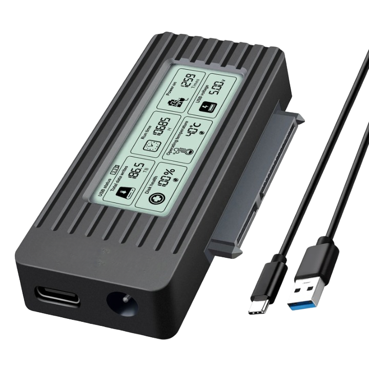 Външен шкаф с интелигентен дисплей за 2 "5" и 3 "5" HDD/SSD, SATA и USB 3.2 Type-C интерфейс, скорост на трансфер до 5Gbps, поддържа до 16TB, ABS материал, Plug & Play, черен