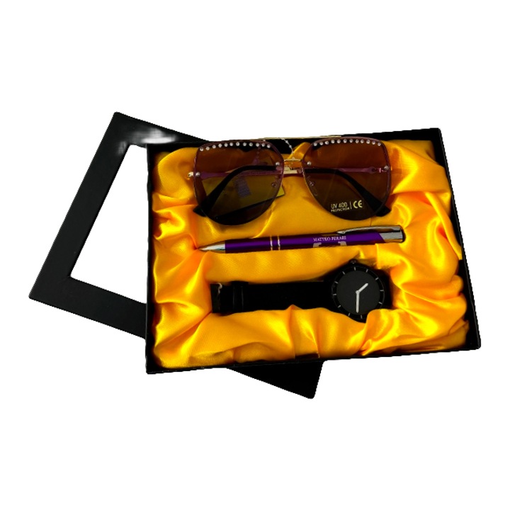 Подаръчен дамски комплект MATTEO FERARI, кутия с три практични артикула, дамски часовник, слънчеви очила и химикал 20.5x15см, Purple/Black, Velve