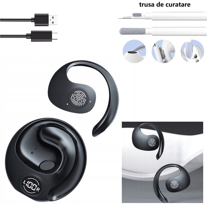 Fejhallgató mikrofonnal a fülön, Bluetooth 5.3, FUTÁS és KERÉKPÁROZÁS, IPX7 vízálló, Bluetooth kapcsolat késleltetés nélkül, Univerzális kompatibilitás, Fekete