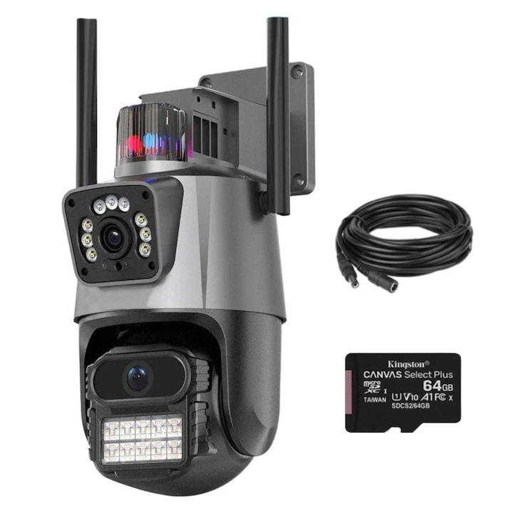 WIFI PRO двойна камера за наблюдение, 8MP, външна/вътрешна, full HD, 360 градуса ротация, нощно виждане, ярки светодиоди, двупосочна комуникация, аларма, сензор за движение, 64 GB Kingston карта, удължителен кабел от 5 м