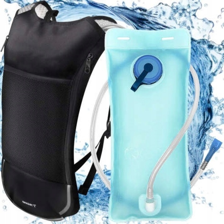 Set Rucsac Turistic cu Rezervor pentru Apa 2L, Ventilat, Nylon/Polipropilena, Negru, 43x23x1.5cm