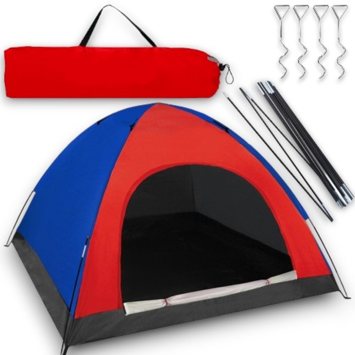 OEM Turista sátor, poliészter, 4 fő részére, vízálló, szúnyogháló, 190 x 190 x 123 cm, kék / piros