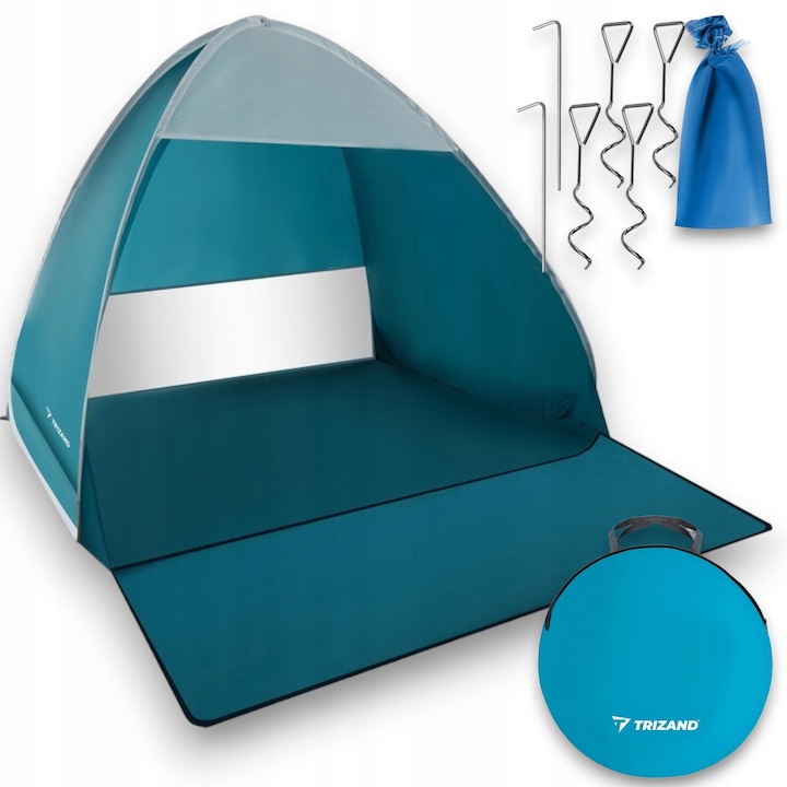 Pop-up strandsátor, UV védelem, szúnyogháló, kék fehérrel, 200x150x110cm, poliészter