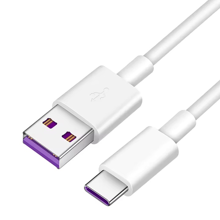 Cablu de Date si Incarcare Rapida compatibil USB la USB-C, 5A-55W, incarcare, transfer date, compatibilitate universala, culoare alb, 1m