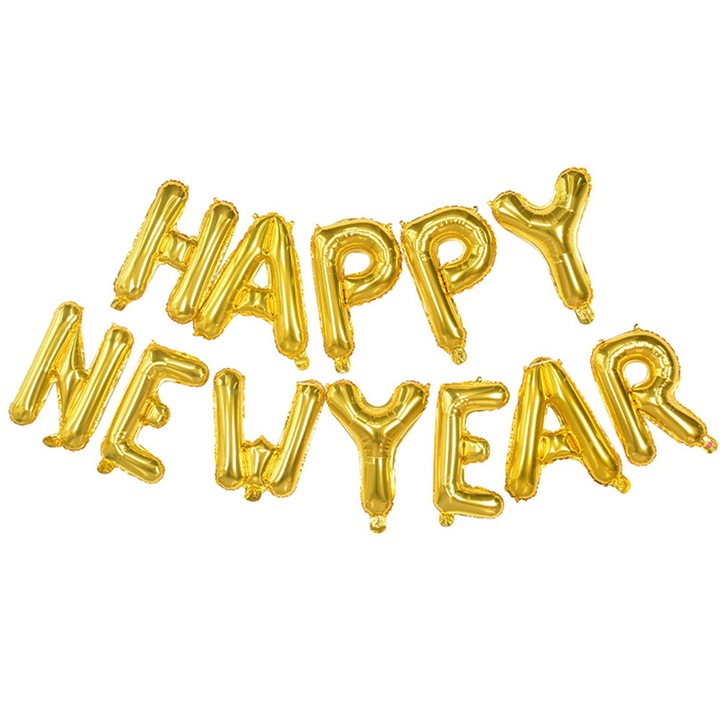 Boldog Új Évet lufi szett, arany, 16 hüvelykes, 12 darabos, zsinórral és nyakkendővel, bel- és kültérre