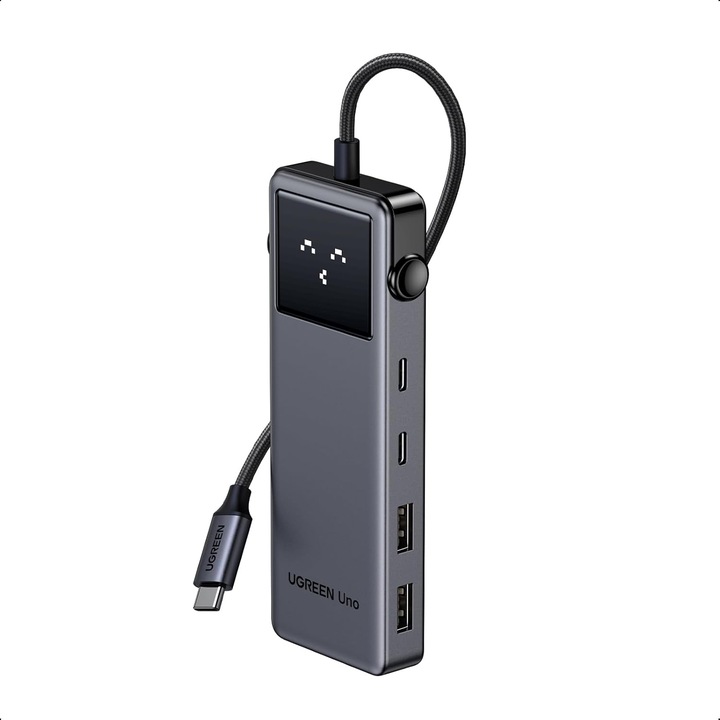 USB-C хъб UGREEN UNO, 10Gbps, HDMI 4K@60Hz, интелигентен LED дисплей, 2xUSB-A, 2xUSB-C, PD 100 W, универсална съвместимост