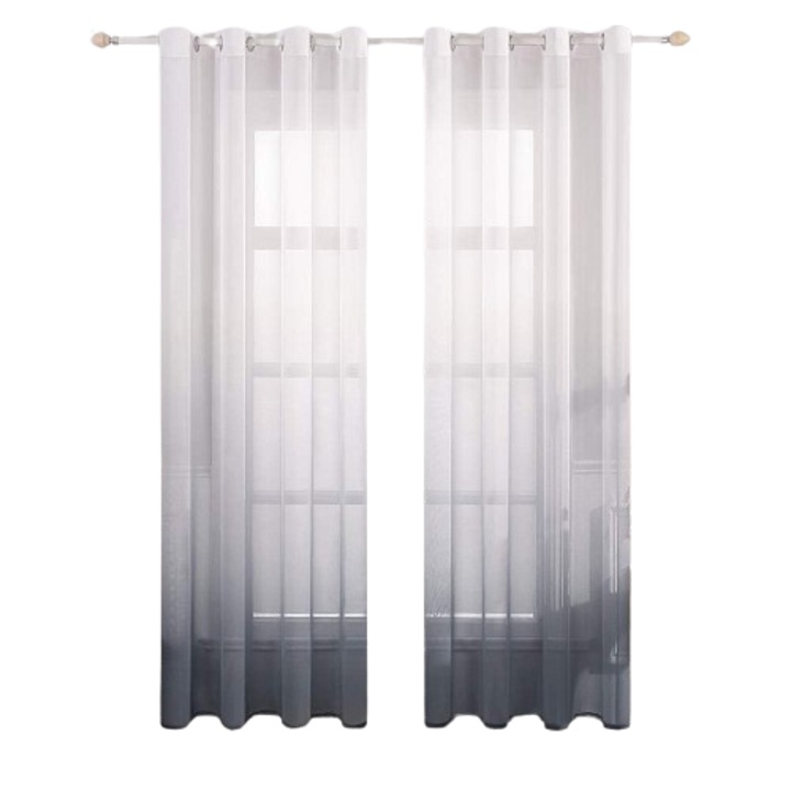 Set 2 Perdele cu Inele, MIULEE, 140 x 220 cm, Model Gradient, Gri/ Alb