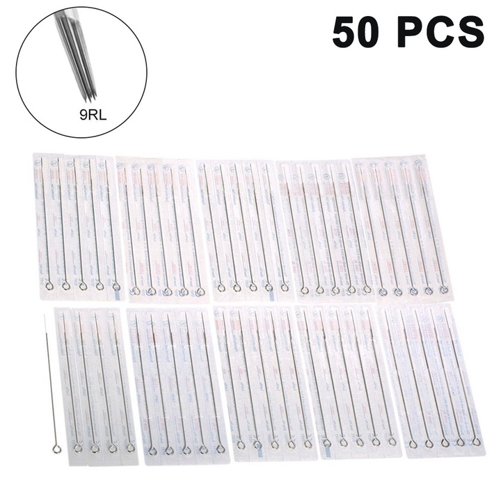 Set 50 ace de tatuaj din inox, 9RL, pentru masini de tatuat
