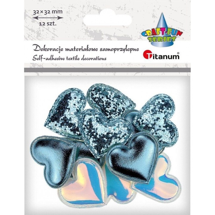 Комплект от 12 самозалепващи стикера Titanum, сърца, полиуретан, сини тонове, 32x29 мм
