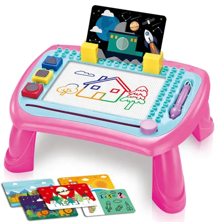 Masuta educativa de desenat SOLTOY® Sharing Graffiti Board magnetica, cuburi tip duplo, carduri cu ilustratii, creion si suport, Roz