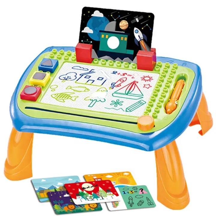 Masuta educativa de desenat SOLTOY® Sharing Graffiti Board magnetica, cuburi tip duplo, carduri cu ilustratii, creion si suport, Verde