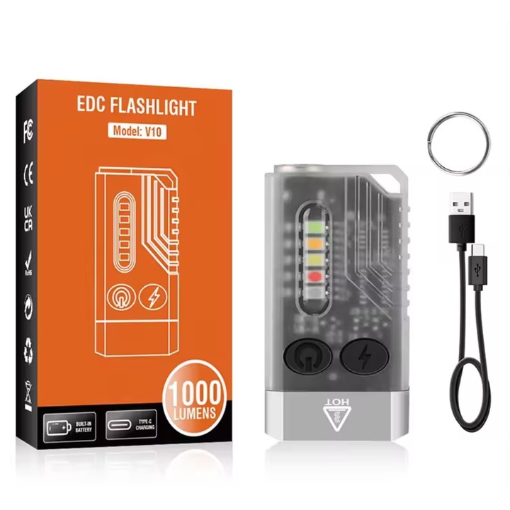 EDC V10L Ключодържател Фенерче, 1000 лумена, 100m радиус IPX4 1000mAh, USB-C, Лазер, UV, Светкавица, Звукова аларма, Прозрачно бяло