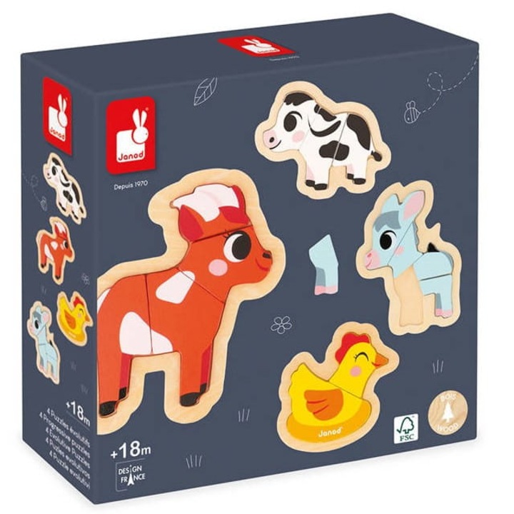 Farm puzzle készlet, Janod, Fa, 4 nehézségű, Többszínű, 18m+