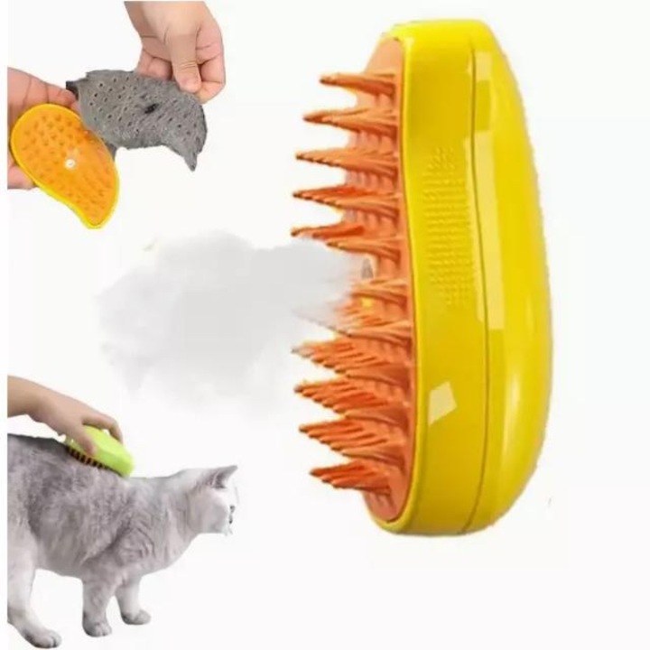KOMAZI® 3 az 1-ben kefe, többfunkciós, kutyáknak/macskáknak, gőzzel, spray-vel és beépített adagolóval, ideális a macskakényes ápoláshoz és a laza szőr hatékony eltávolításához, USB-n keresztül tölthető, Sárga