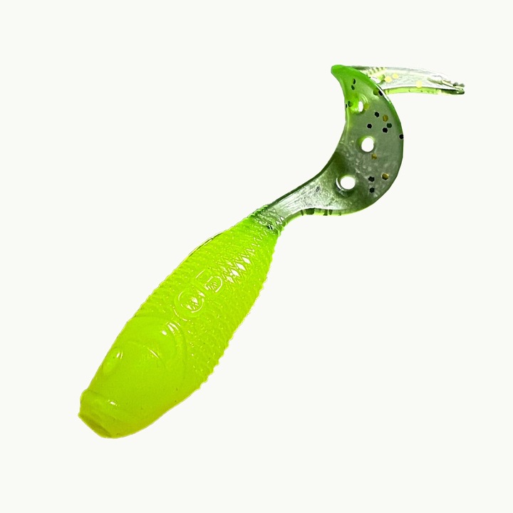 Set 5buc shad MYSTIQUE7, 7cm, culoare Chartreuse P.T. MY7D019, pentru pescuit la biban, salau, stiuca sau somn