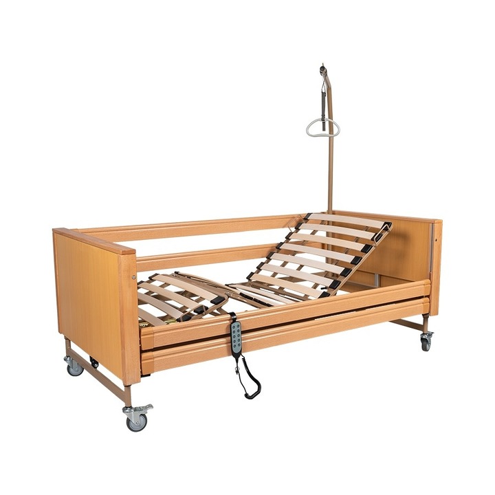 Pat electric medical de spital pentru bolnavi/pacienti, cu roti, reglabil pe inaltime si sectiune, greutate maxima 180 Kg, Maro