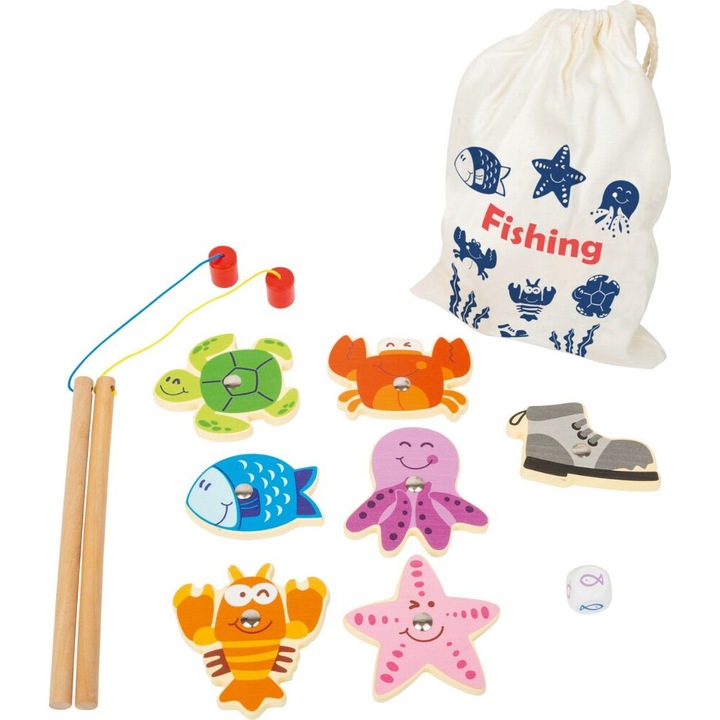 Interaktív játék, Small Foot, horgászjáték táskában, 2 horgászbot, 7 tengeri állat, 36 hónap, fa