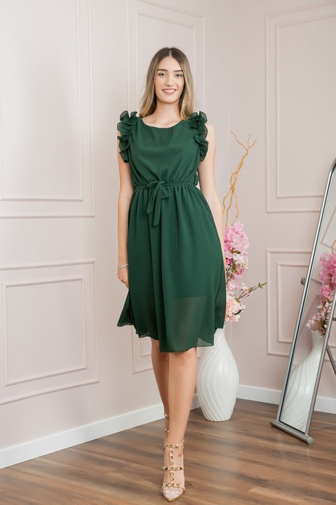 Rochie verde din voal cu volane si cordon in talie, Verde, One Size