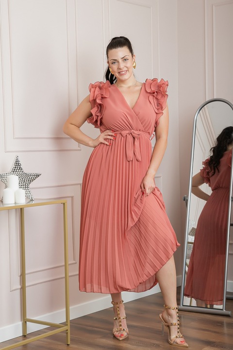 Rochie plisata roz somon cu volane si cordon in talie, Roz somon, One Size