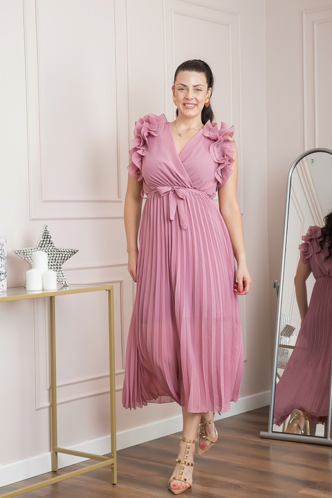 Rochie plisata roz cu volane si cordon in talie, Roz, One Size