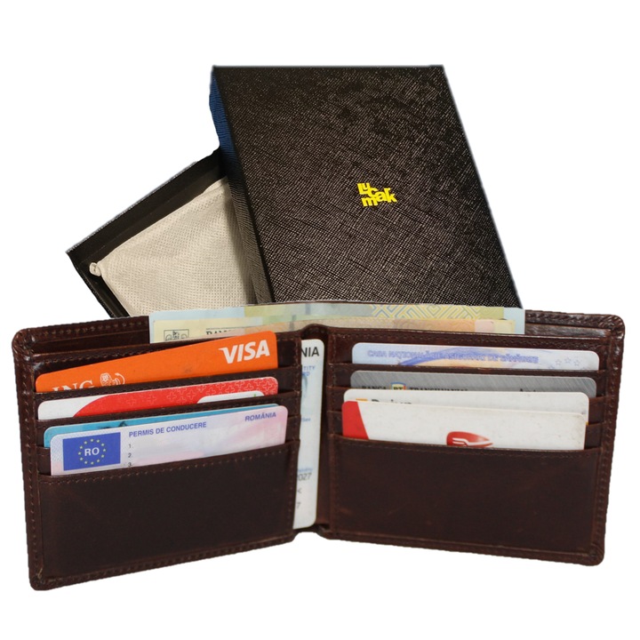 Portofel pentru barbati, Lucmark, Piele naturala, Dimensiuni 11 x 1 x 9 cm - Protectie RFID, Culoare Cafea