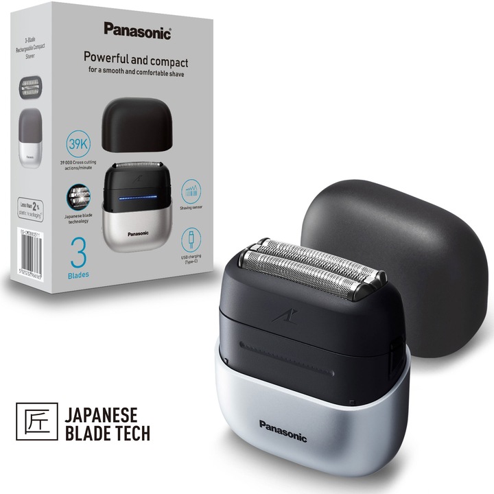 Aparat de ras compact Panasonic Seria 700 ES-CM3BKS503, 3 lame, Japanese blade technlogy, senzor pentru barba, motor liniar ultra-rapid, 45min autonomie Li-Ion, Wet & Dry, incarcare USB type-C, negru/argintiu