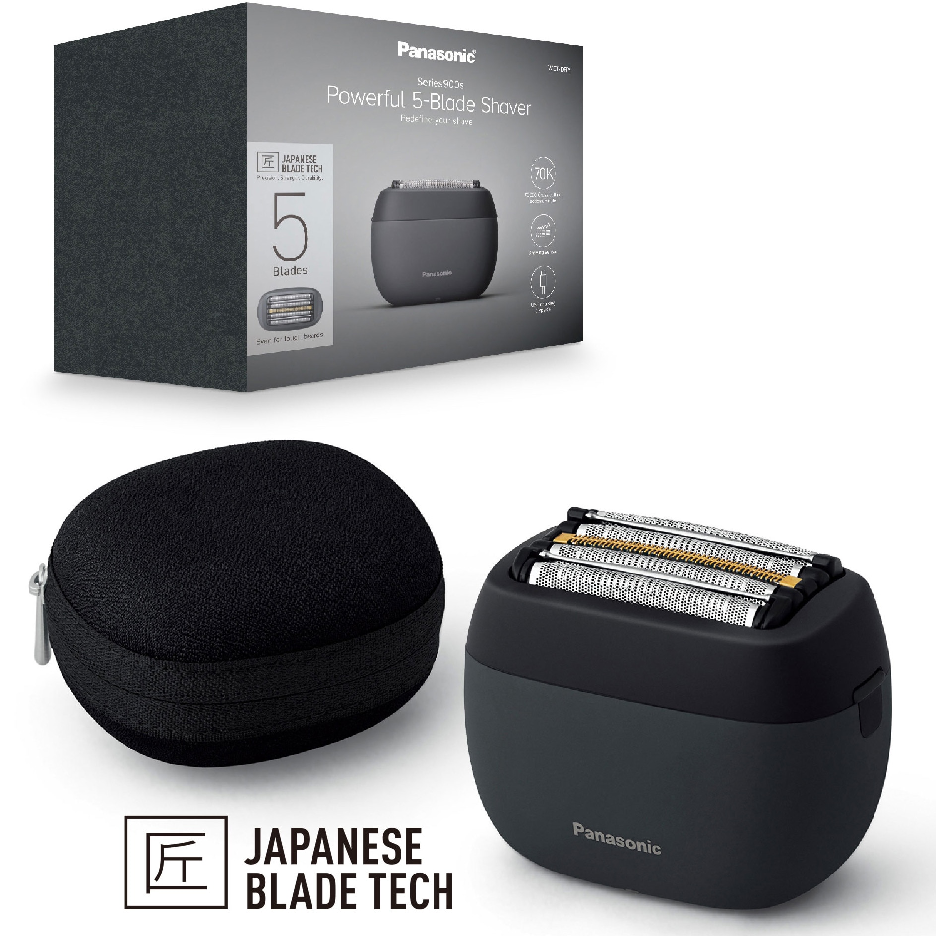 Aparat de ras compact Panasonic Seria 900 ES-PV3B-K803, 5 lame,Japanese blade technlogy, motor liniar ultra-rapid, 50min autonomie Li-Ion, Wet & Dry, incarcare USB type-C, Husa tra