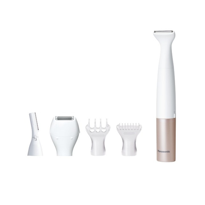 Тример 5в1 Panasonic ES-WM31-P301 за тяло със сменяеми аксесоари, Wet & Dry, Хипоалергенни остриета от неръждаема стомана и заоблени ръбове, Розов/Бял