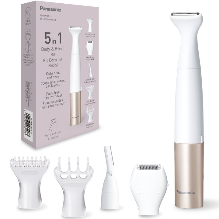 Trimmer 5in1 Panasonic ES-WM31-P301, pentru corp cu accesorii interschimbabile, Wet & Dry, lame otel inoxidabil hipoalergenic si rotunjite pe margini, roz/alb