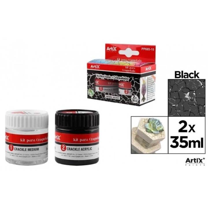 Set vopsele acrilice negre si mediu pentru crapare Artix, 2x35ml, blister, 74x85mm