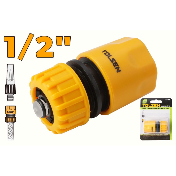 Conector rapid cu opritor GARDENEST by TOLSEN 1/2 inch din plastic PP si ABS durabil, pentru furtun gradina, cuplare si decuplare rapida si usoara, oprire automata a apei la deconectare, compatibil universal cu accesorii standard de irigare
