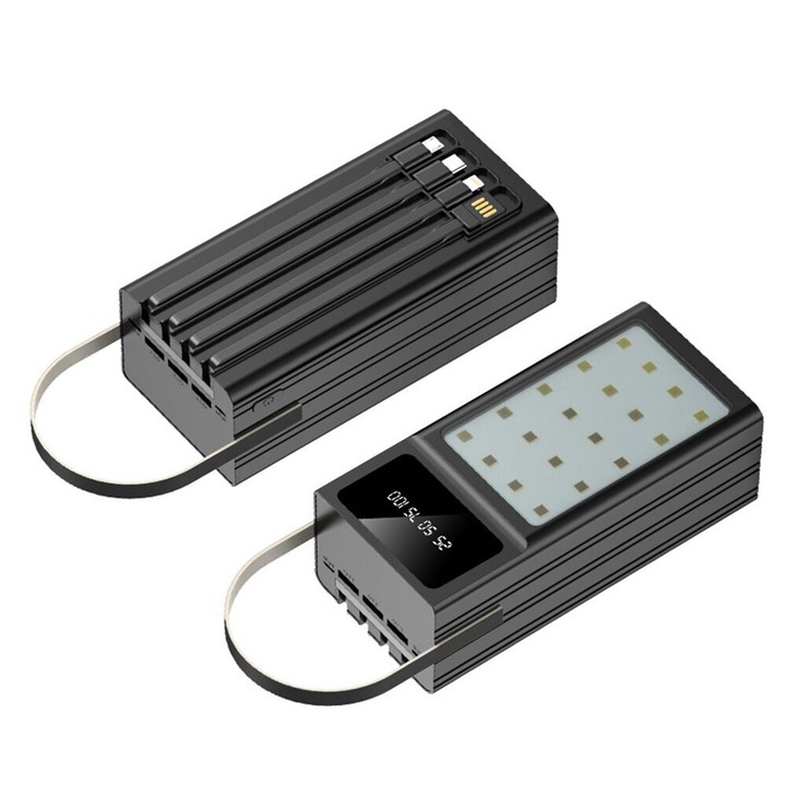 Baterie externa, Power bank USB-A, Micro-USB, Lightning si Type-C cu display LED 100000 mAh, Maxcell PJ0099, Negru