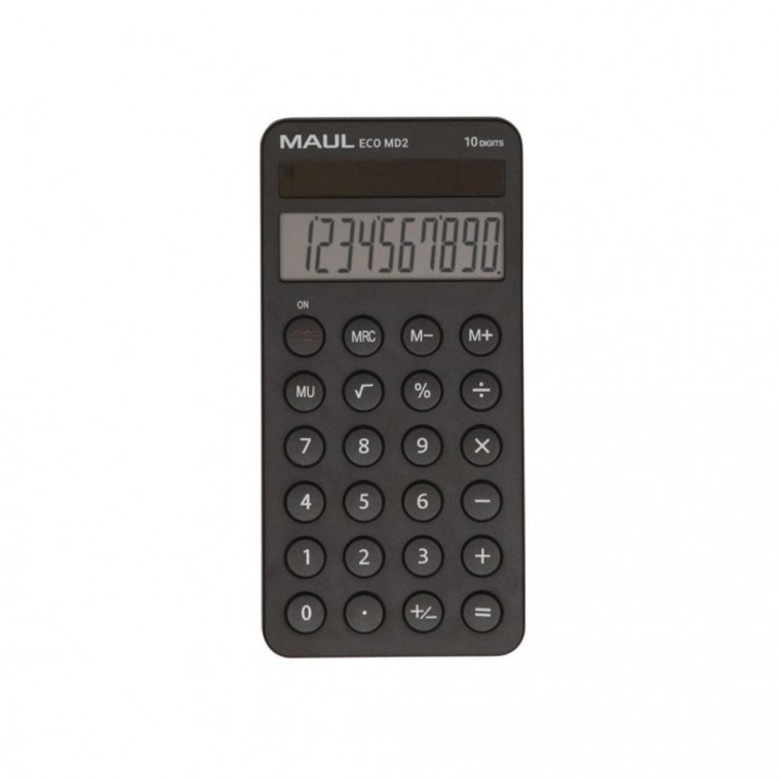 Джобен калкулатор MAUL ECO MD2, 10 цифри, соларен, черен, 177x80mm