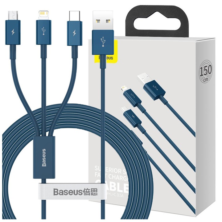 3 az 1-ben kábel univerzális USB - Lightning / USB-C / micro USB 3.5A 1.5m kék