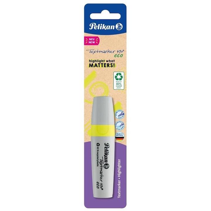 Marker eco neon Pelikan 490, galben, 3 latimi de scriere, 234x55mm