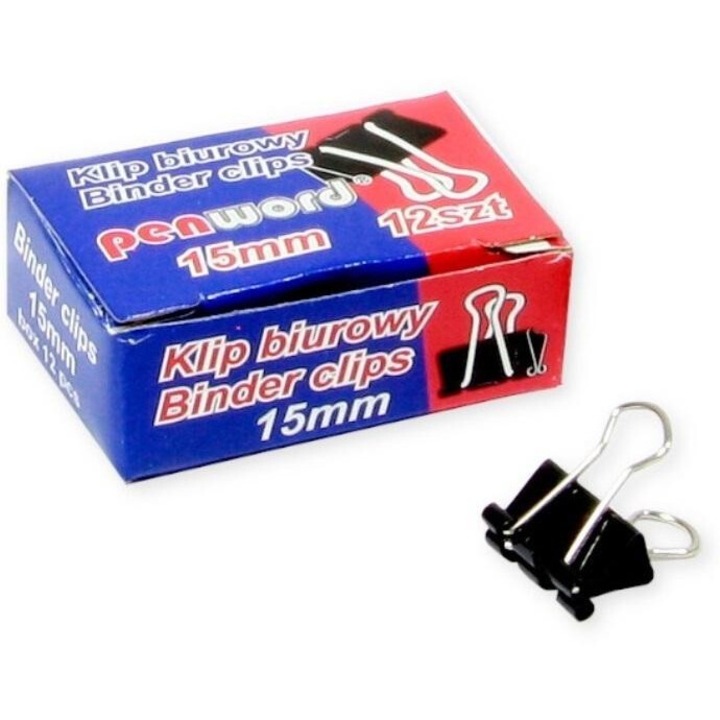 Комплект от 12 офис щипки, Penword, 15 мм, черни